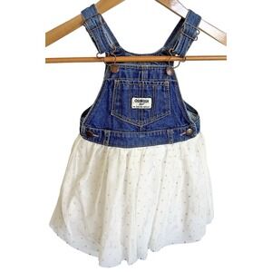 Vtg Oshkosh BGosh Vestbak Denim Jean Overall Dress Gold Dot Tulle Baby Girl 24m